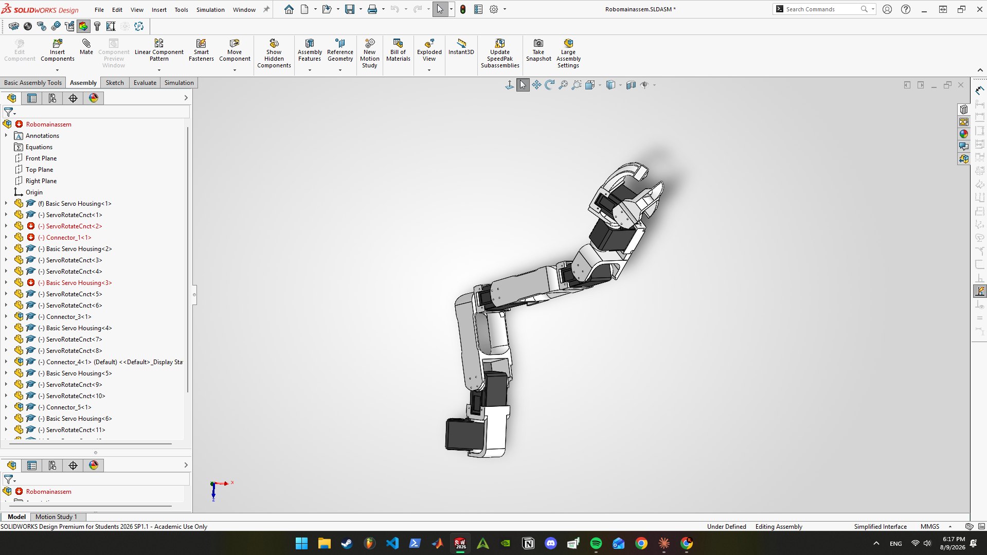 SolidWorks. I found the motor dimensions online and reverse engineered a reference to build the arm around
