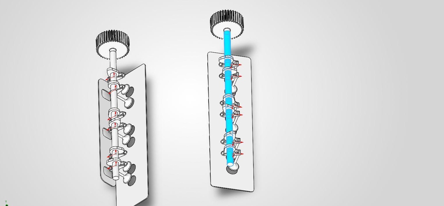 Cams push rockers, rockers open valves
