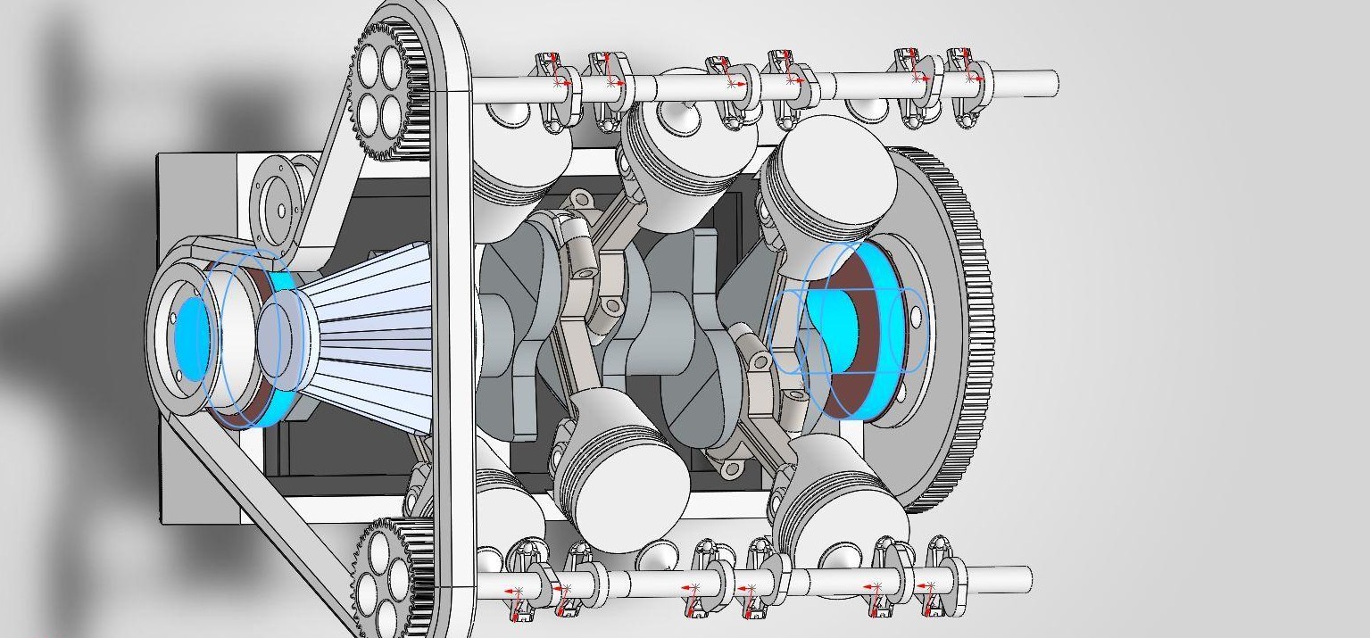 Cutaway of the V6 assembly showing the timing belt and cam gear system